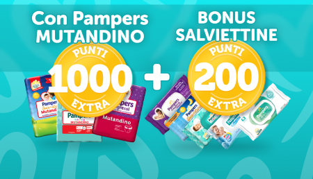 Acquista 30€ di prodotti Pampers e ottieni fino a 1200 punti con il bonus Salviettine, fino al 31 agosto!